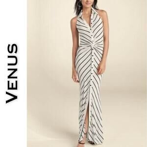 VENUS White Maxi Dress with Black Diagonal Stripes